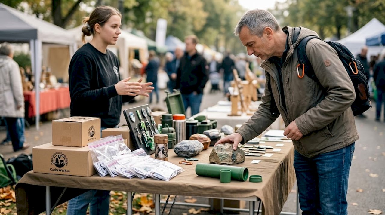 A visitor curiously browsing innovative geocaching containers at the booth.