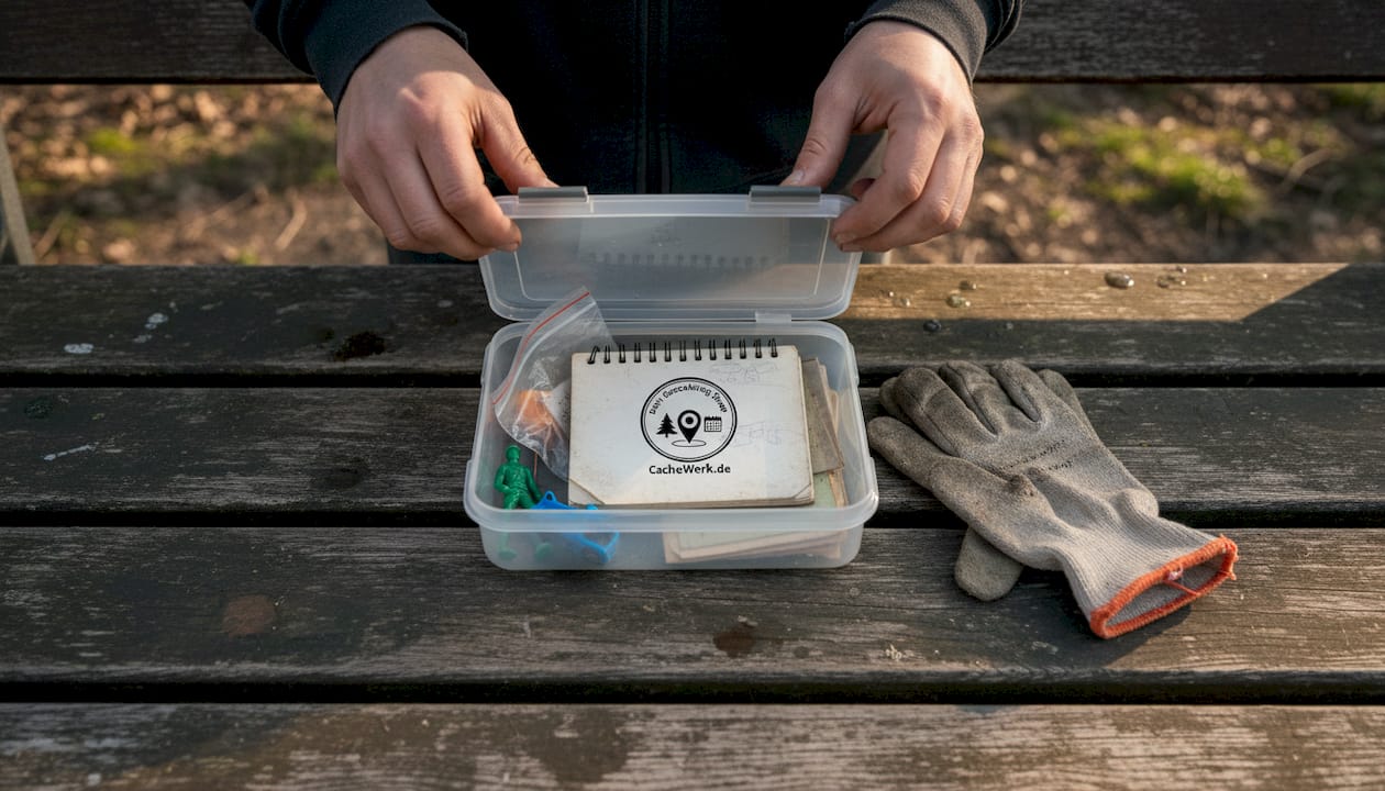 Jemand öffnet eine Geocaching-Dose auf einer Holzbank.