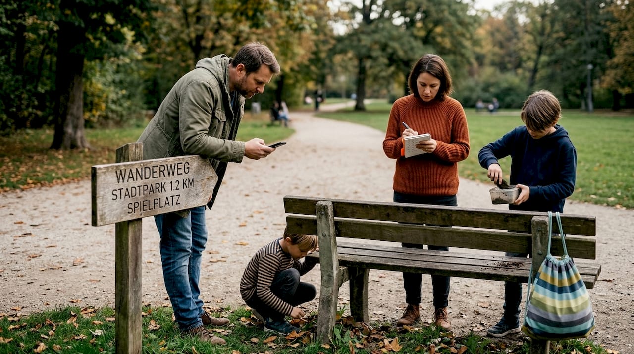 Une famille cherche un multicache dans un parc municipal et résout ensemble les tâches d'un multicache.