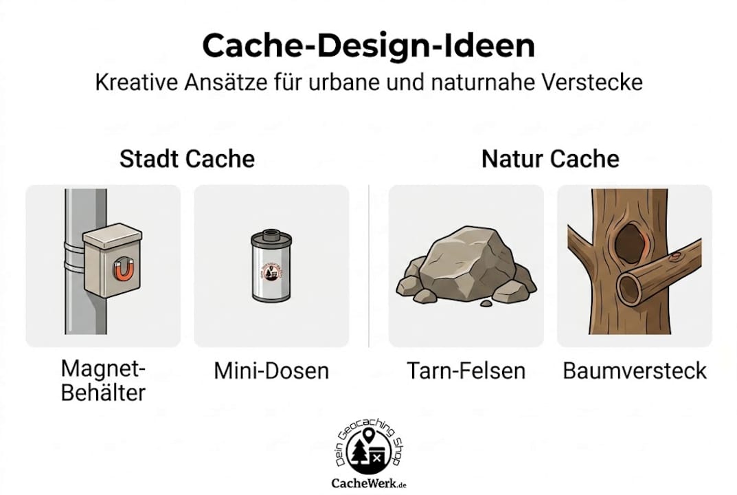 Graphic with creative cache ideas for city and nature