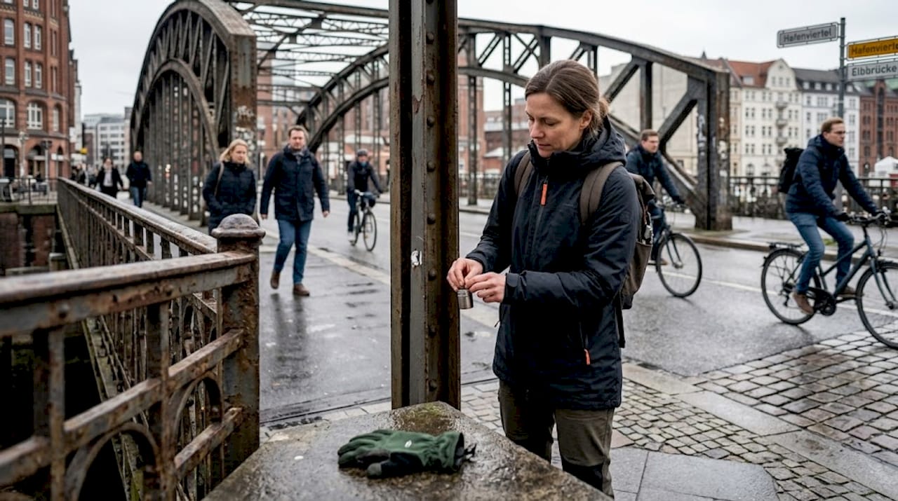A geocacher places a small magnetic nano-cache on a metal bridge in the middle of the city, creating a new adventure.