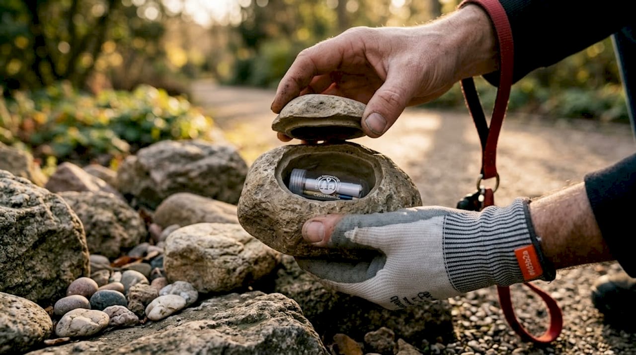 Zwei Hände öffnen ein getarntes Geocache-Versteck, das wie ein Stein aussieht.