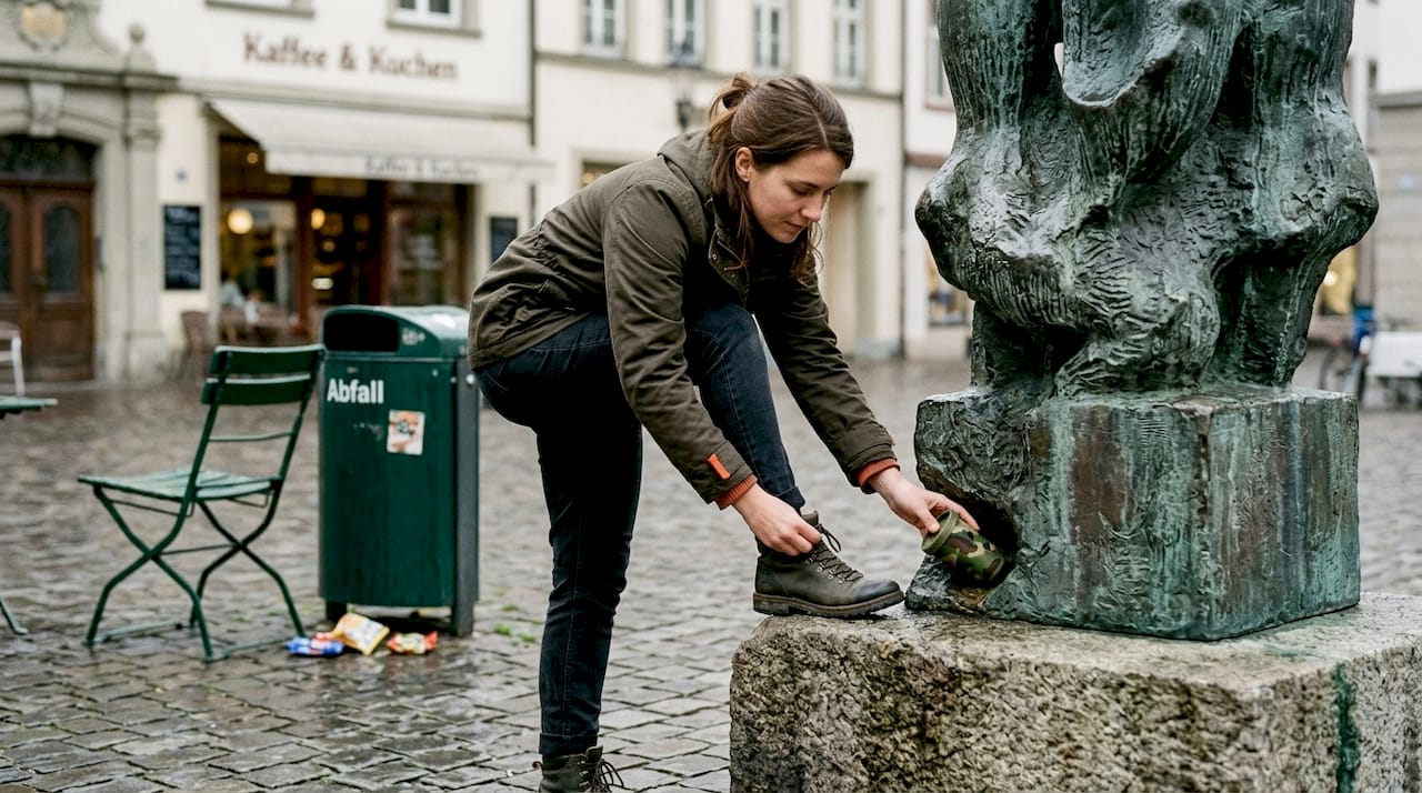 Eine Frau versteckt raffiniert ein Geocache an einer Skulptur mitten in der Stadt.