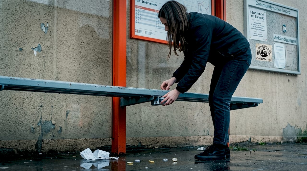 City bench becomes a geocaching hide: Woman skillfully places magnetic cache under seat