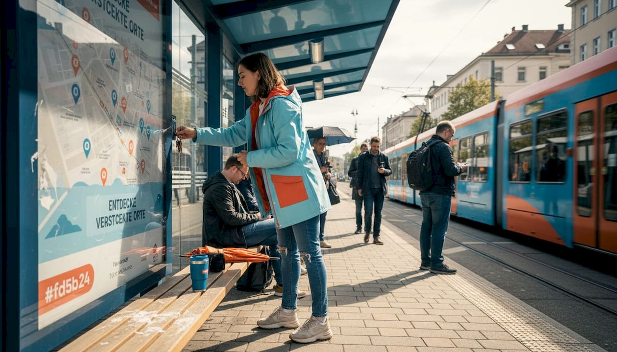 A woman hides a geocache behind the advertising sign at a tram stop.