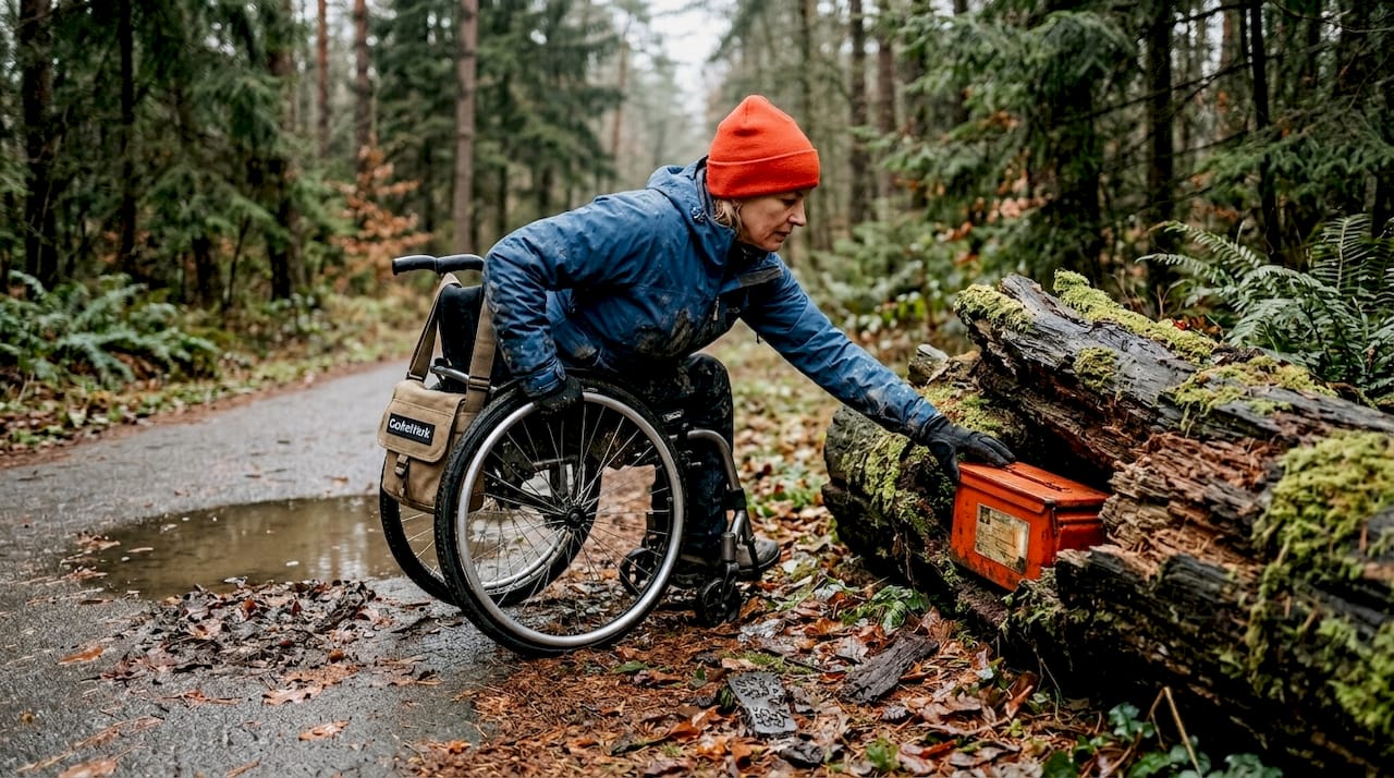 Nach dem Regen macht sich eine Rollstuhlfahrerin auf die Suche nach einem Geocache.