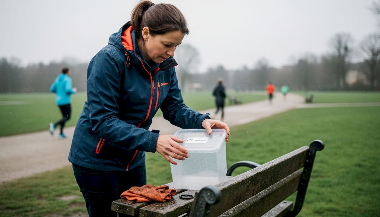 Eine Frau inspiziert eine Geocache-Dose, die auf einer Parkbank versteckt ist.
