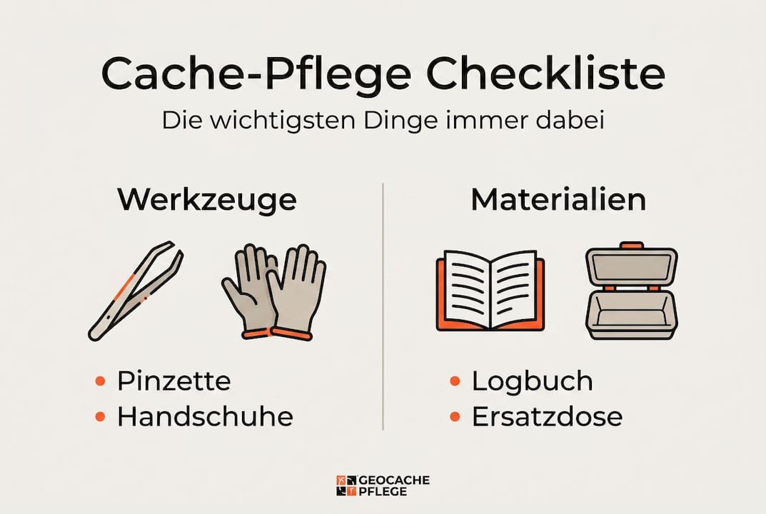 Infografik: Die ultimative Checkliste für die Wartung von Geocaches – mit allen wichtigen Werkzeugen und Materialien