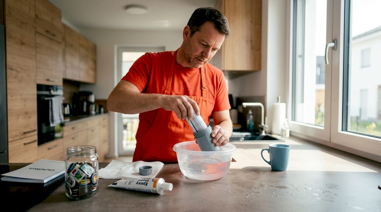 A geocacher checks if his container is really waterproof.