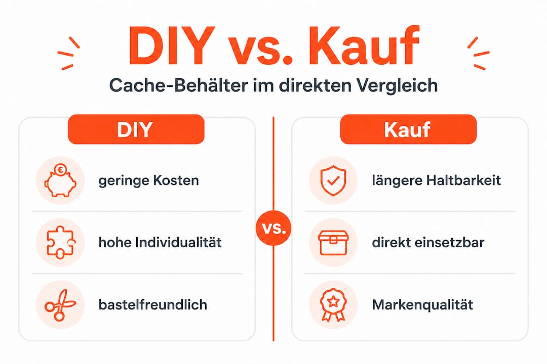 Infografik: Eigenbau vs. Fertigkauf – Welcher Cache-Behälter passt zu dir?