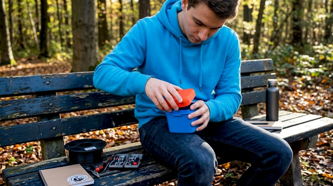 Eine Person setzt im Freien einen 3D-gedruckten Geocache zusammen.