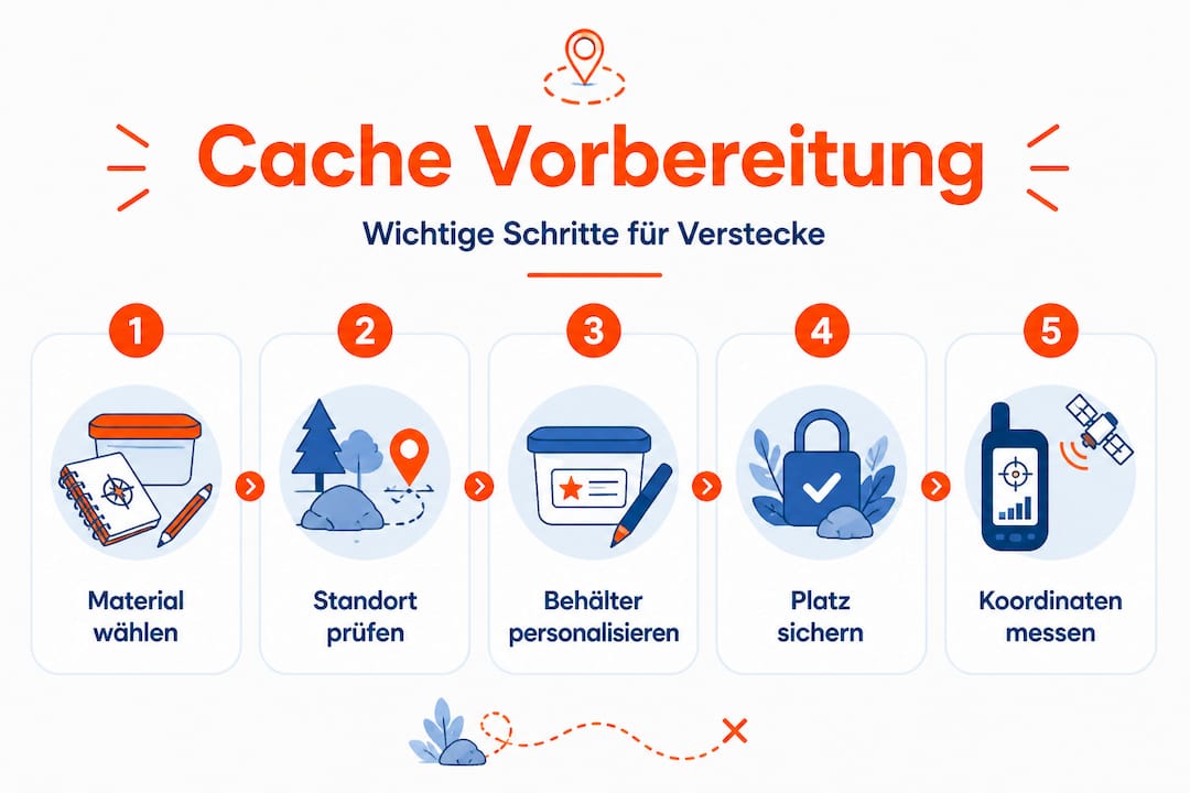 Infografik: So bereitest du deinen Geocache vor – Alles, was du brauchst und die wichtigsten Schritte im Überblick