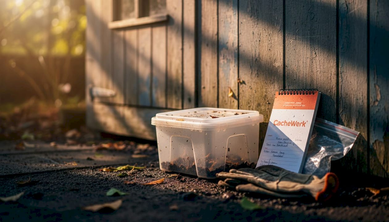 Sturdy geocache container with visible signs of wear from outdoor use