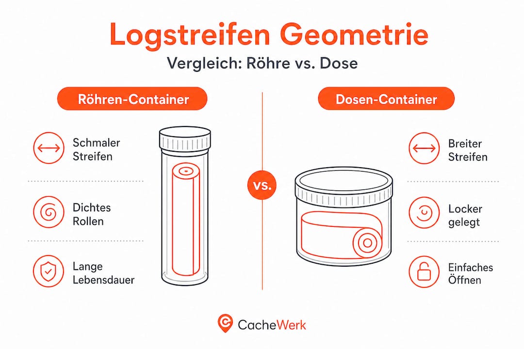 Vergleich der Bauformen: Infografik zu Röhren- und Dosen-Caches