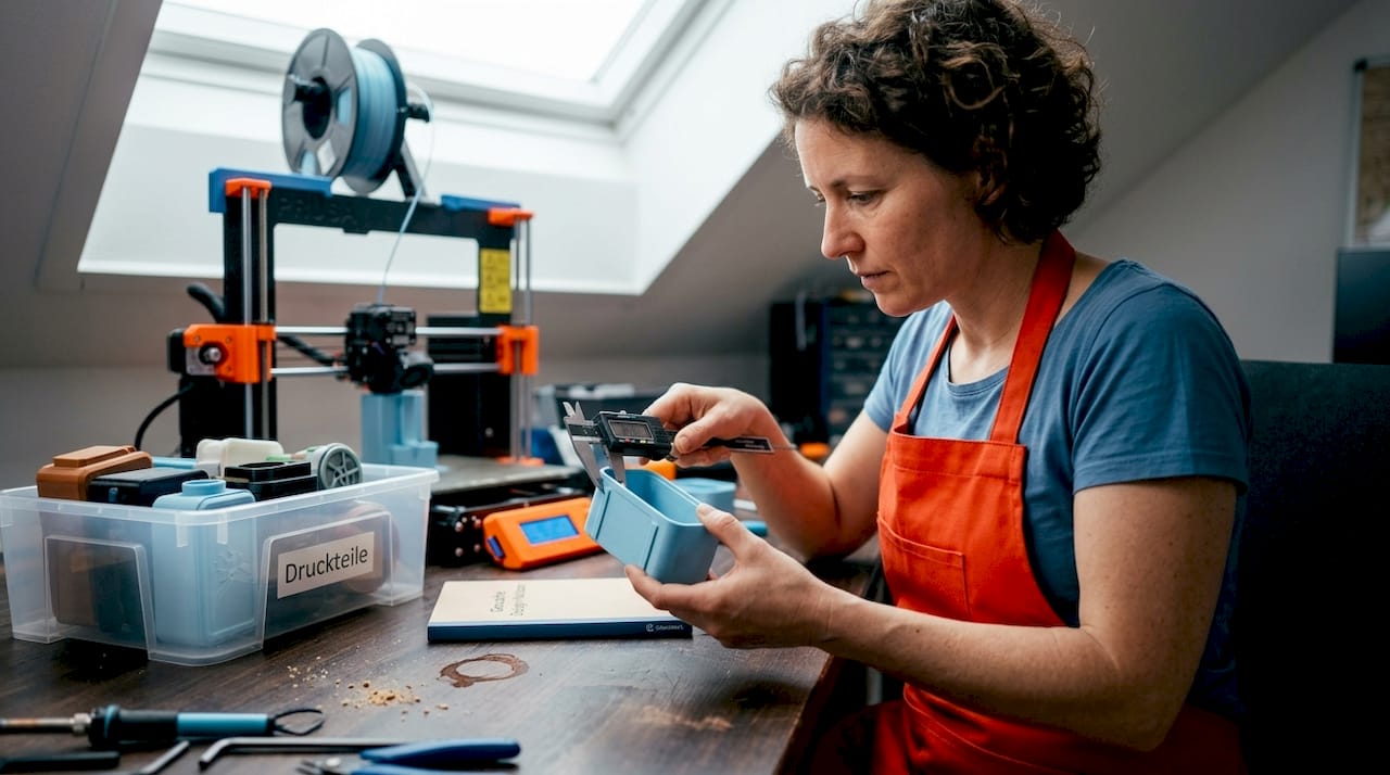 A geocacher checking her freshly 3D-printed cache for dimensional accuracy with calipers.