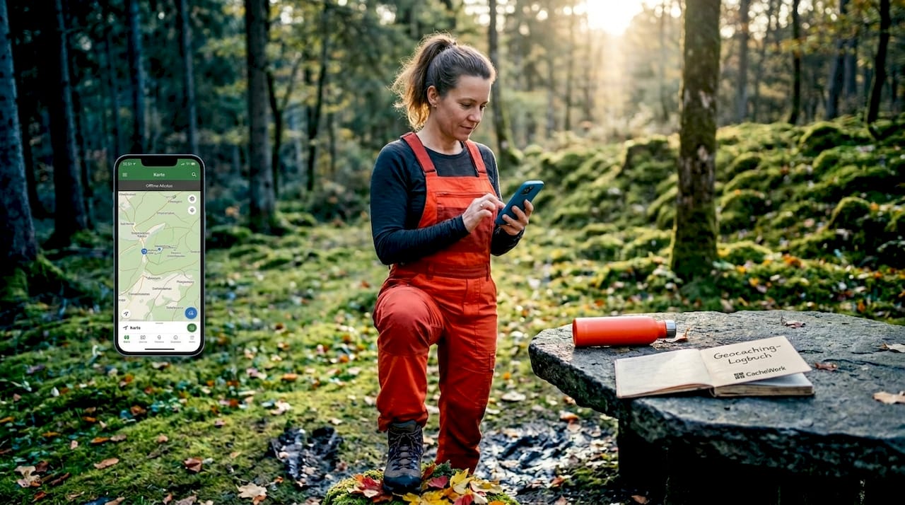 Geocacher using a smartphone with offline maps.