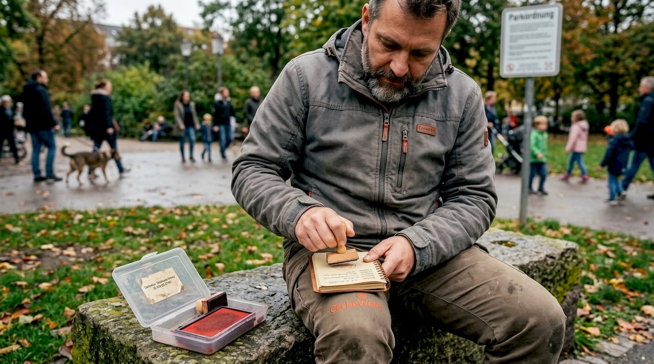 Ein Mann stempelt sein Geocaching-Logbuch im Stadtpark ab.