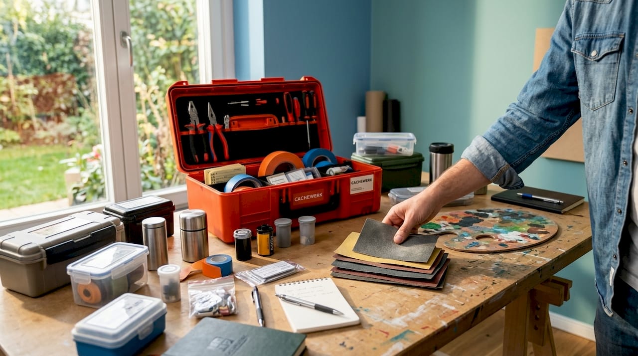 Workbench with everything you need for geocaching – from tools to suitable materials.