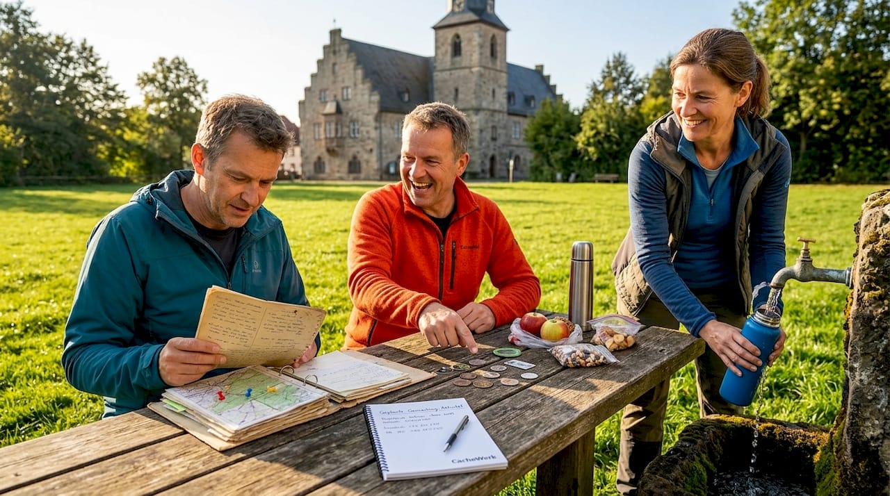 Le groupe de géocacheurs regarde ensemble des photos d'événements passés et échange des souvenirs.