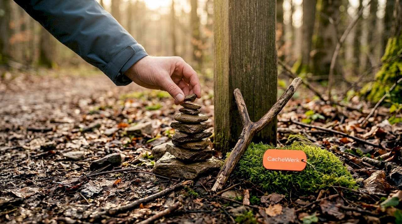 Hände, die sorgfältig Natursteine als Wegmarkierung anordnen
