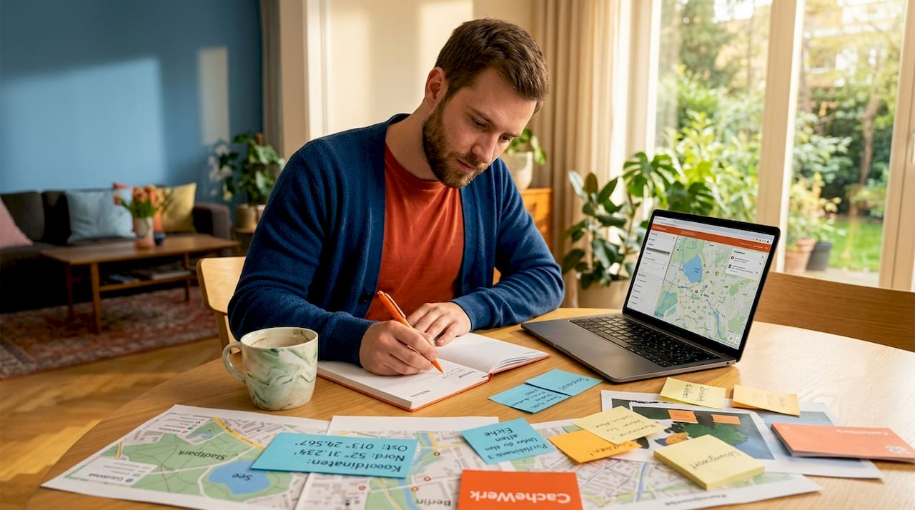 A geocacher ponders a puzzle at the kitchen table.
