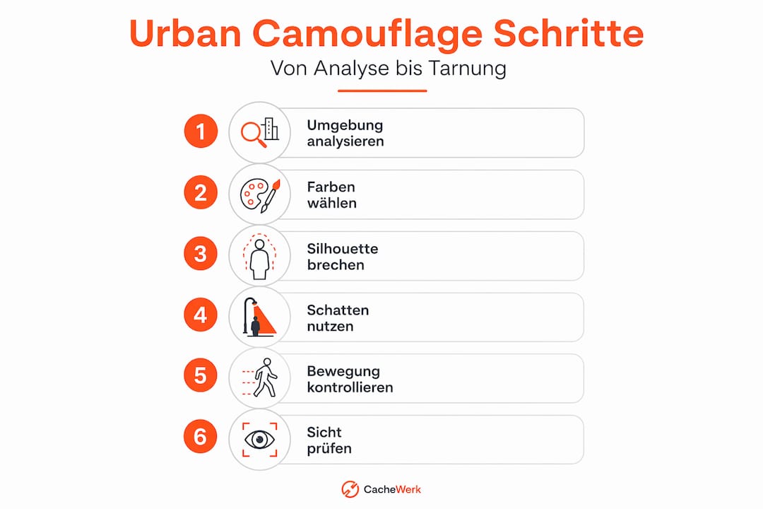 Sechs praktische Schritte für eine gelungene Tarnung im urbanen Raum – anschaulich erklärt in einer Infografik.