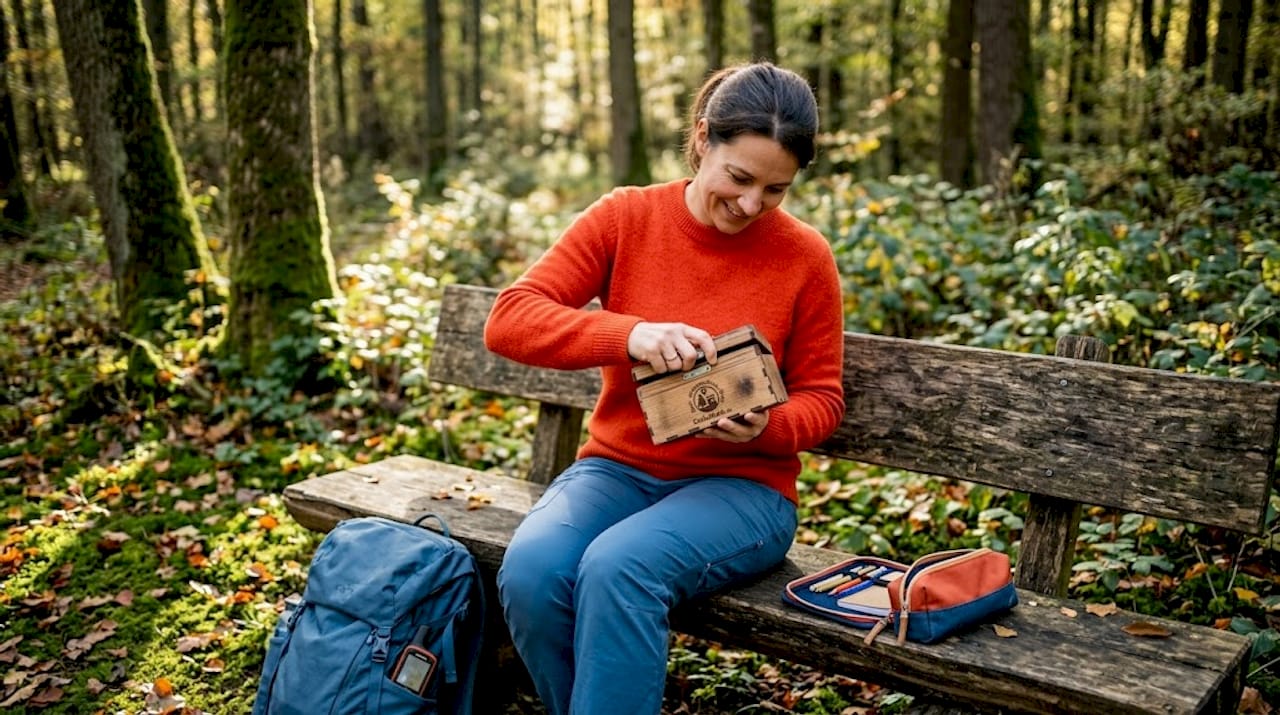 Am Waldrand probiert eine Frau ihr selbstgemachtes Holzlogbuch aus.
