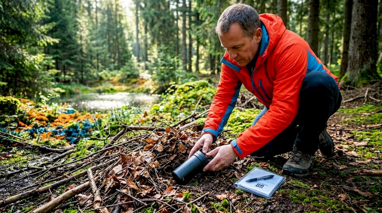 Ein Mann versteckt einen Geocache zwischen dichtem Laub im Wald.