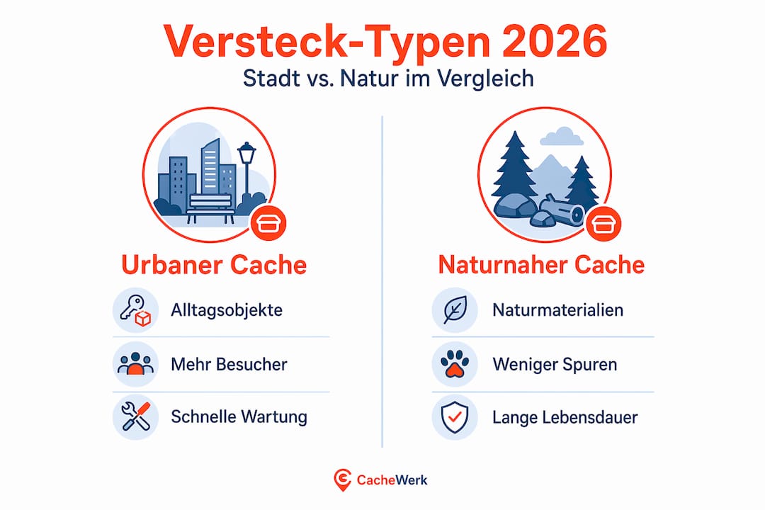 Infografik zeigt Unterschiede zwischen Geocaches in der Stadt und in der Natur auf