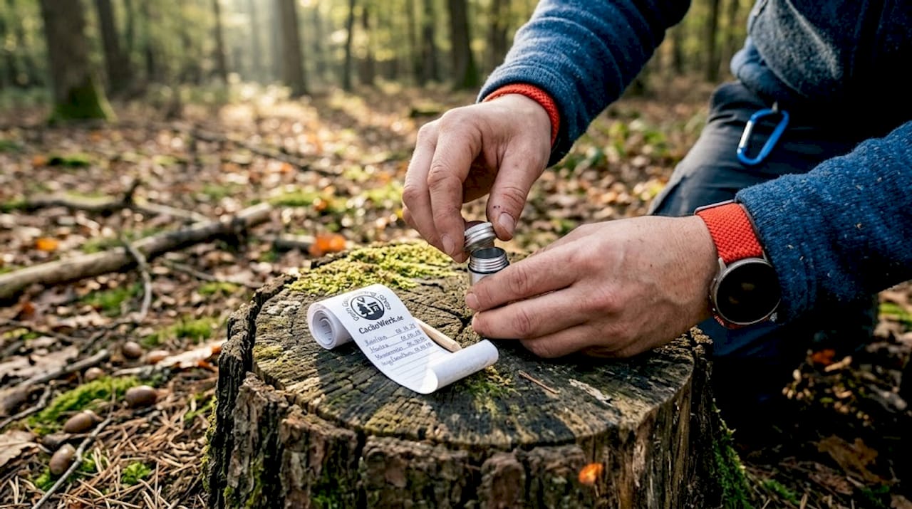A geocacher opens a tiny cache on a tree stump.
