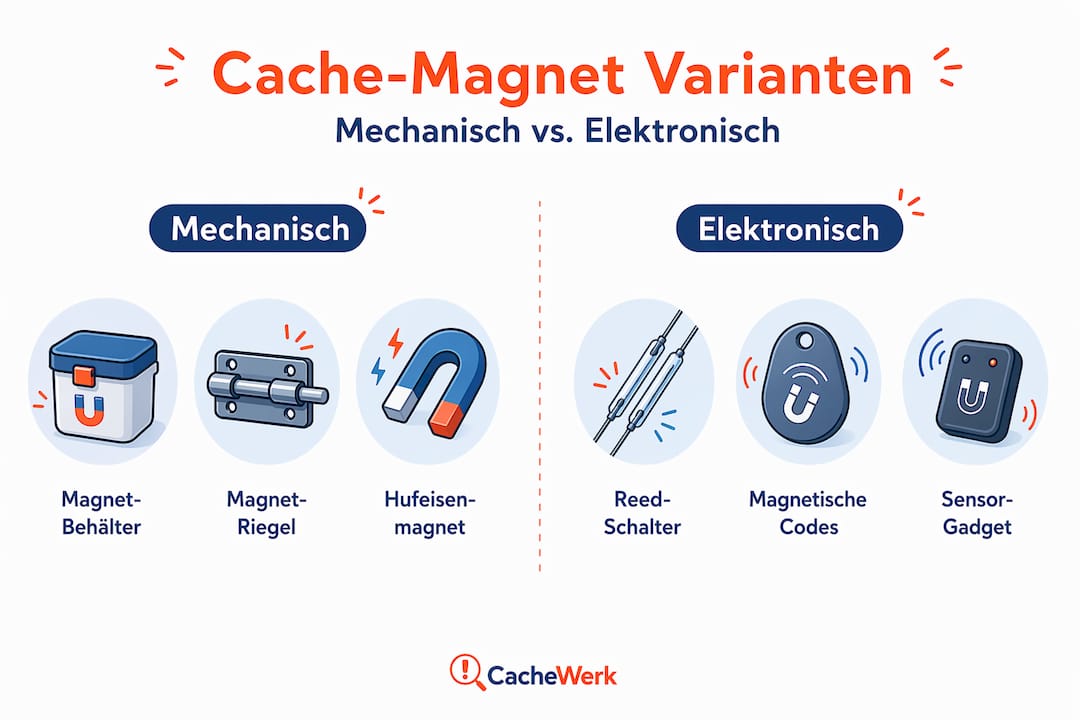 Übersicht über verschiedene Magnettypen im Geocaching: Mechanische und elektronische Varianten im Vergleich