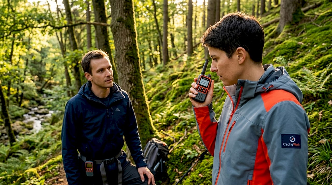 Beim Geocaching tauscht sich das Team per Funkgerät aus, um gemeinsam die nächsten Hinweise zu finden.