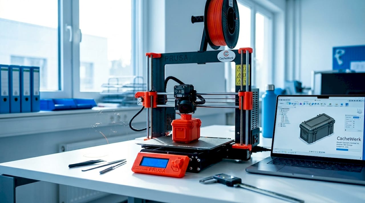 Im Workshop entsteht gerade mit dem 3D-Drucker ein kleines Geocache-Behälter-Modell.