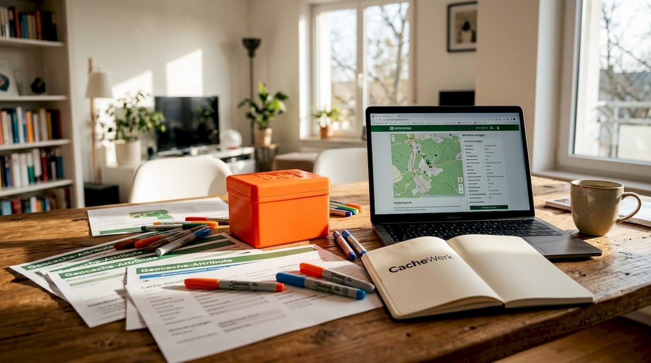 Arbeitsplatz mit allem, was man fürs Geocaching braucht