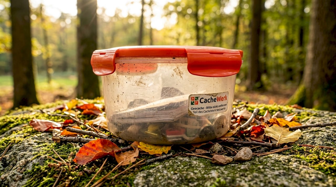 Klassische Geocaching-Dose aus Kunststoff im Freien auf einem Stein platziert