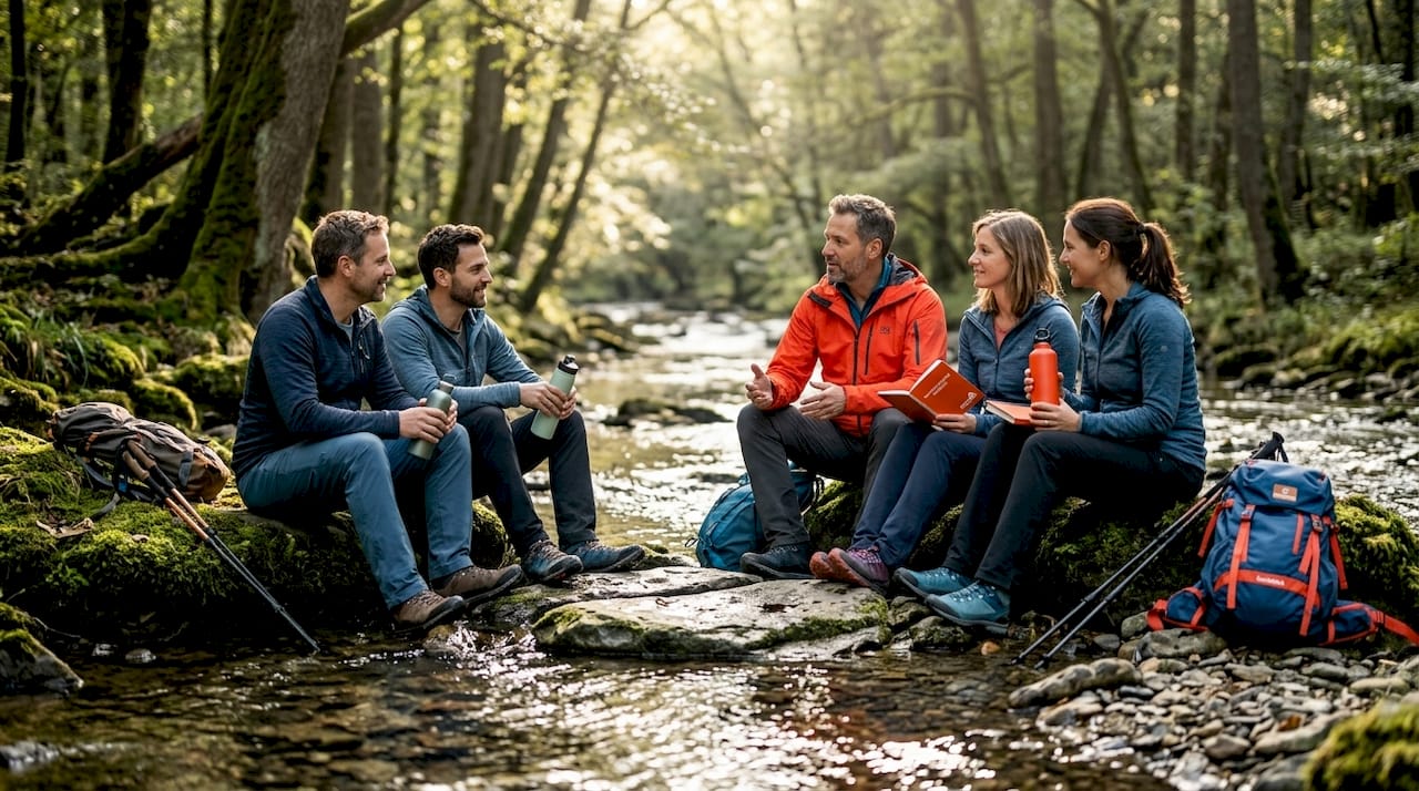 Gemeinsame Reflexionsrunde mit der Gruppe unter freiem Himmel im Wald