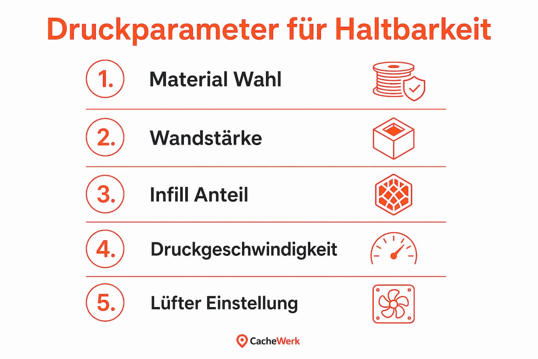 Grafik: Die wichtigsten Druckeinstellungen für besonders robuste Geocaches