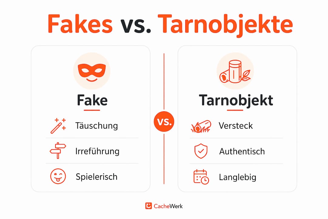 Infografik: Unterschiede zwischen Geocaching-Fakes und getarnten Behältern auf einen Blick