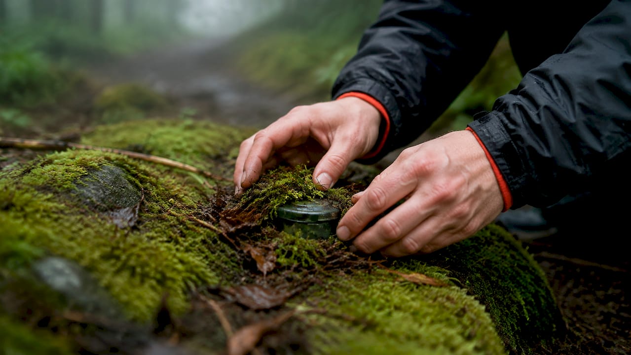 Mit den Händen wird der Cache sorgfältig zwischen Laub und Ästen am Waldboden versteckt.