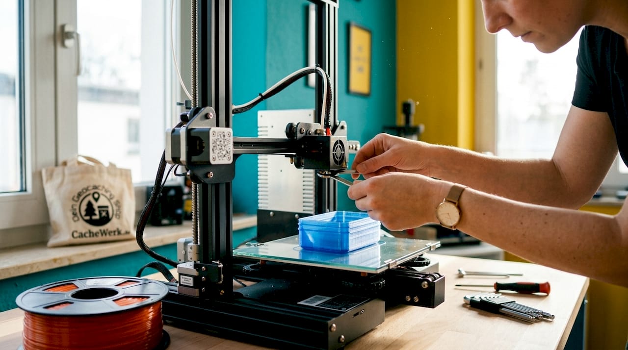 Mit geschickten Händen wird der Druckkopf des 3D-Druckers feinjustiert, während ein Bauteil aus PETG entsteht.