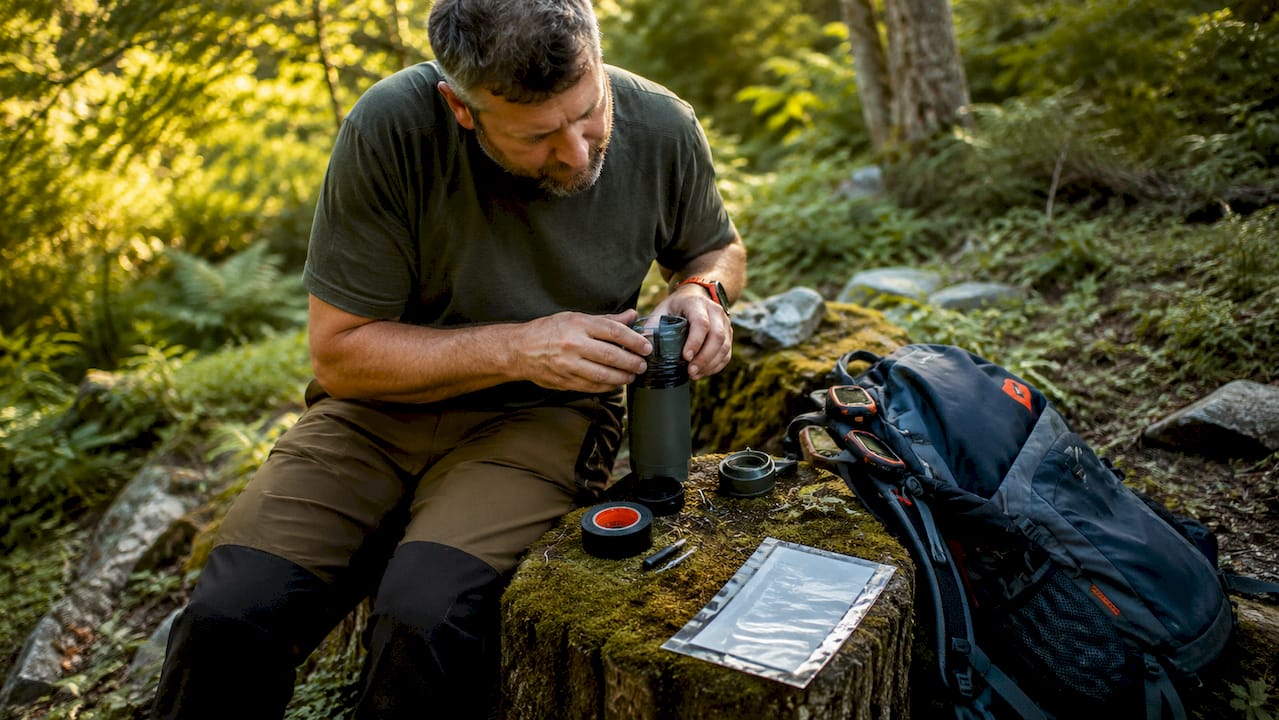 Ein Mann bringt einen wetterfesten Geocache im Wald an.
