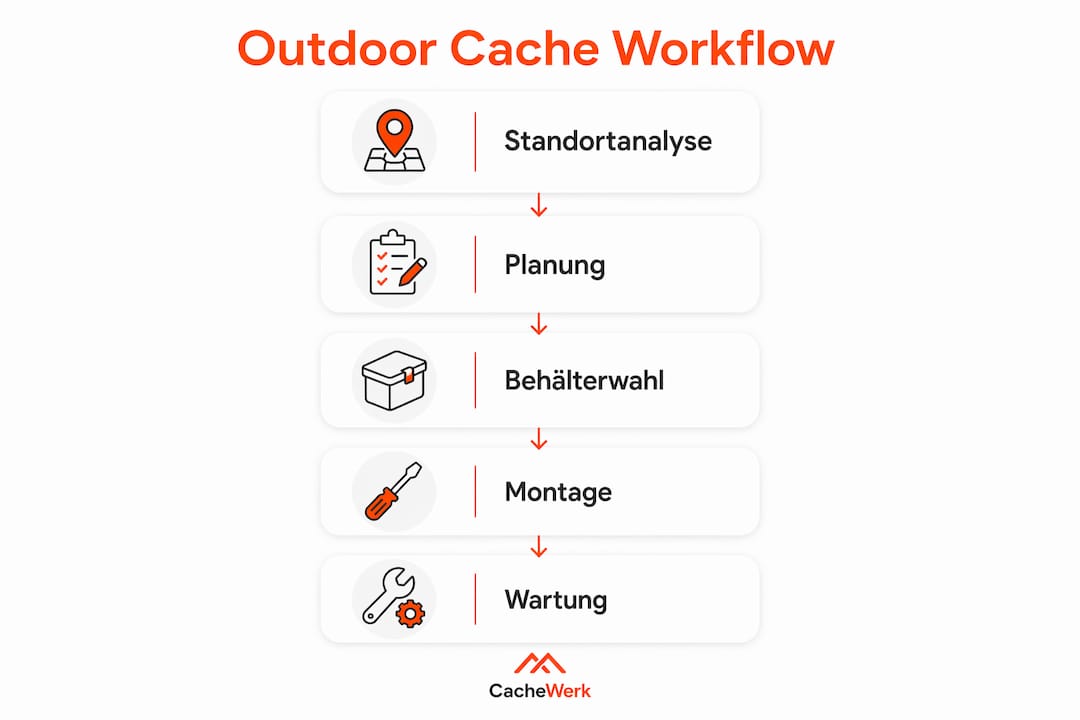 Grafik: Die fünf wichtigsten Schritte beim Outdoor-Cache-Prozess auf einen Blick