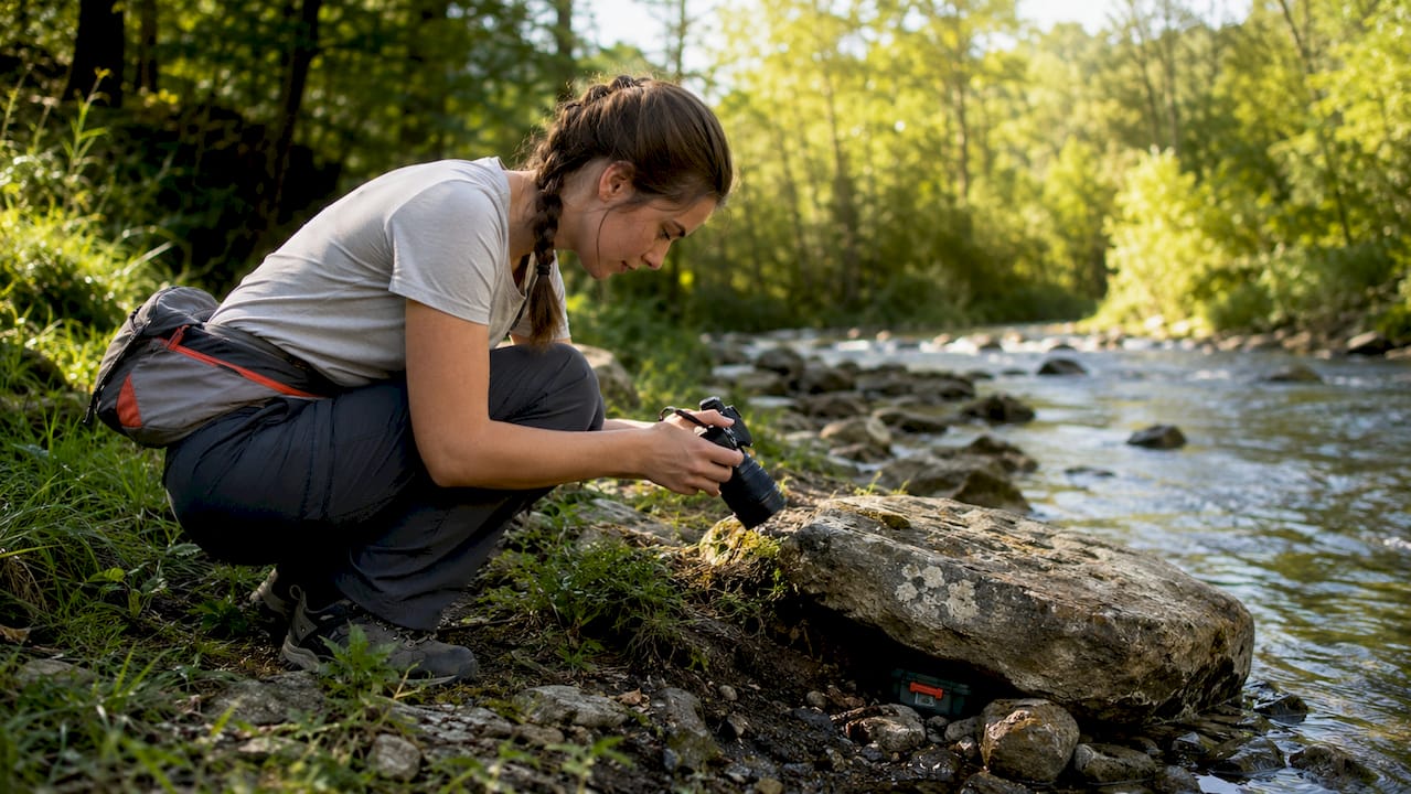 Eine Frau hält einen selbst gebastelten Geocache in die Kamera und macht ein Foto davon.