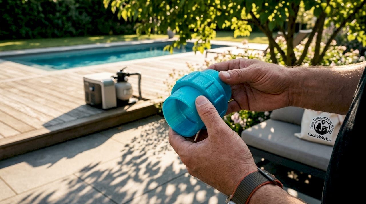 Zwei Hände präsentieren eine türkisfarbene, im 3D-Druck gefertigte Pool-Komponente.
