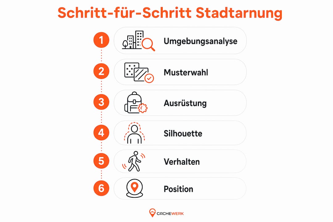 Die Infografik veranschaulicht, wie urbane Tarnung Schritt für Schritt funktioniert.