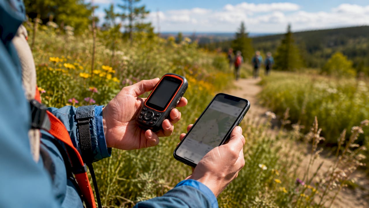Detailaufnahme: Hände bedienen ein GPS-Gerät und ein Smartphone mit geöffneter Karten-App.
