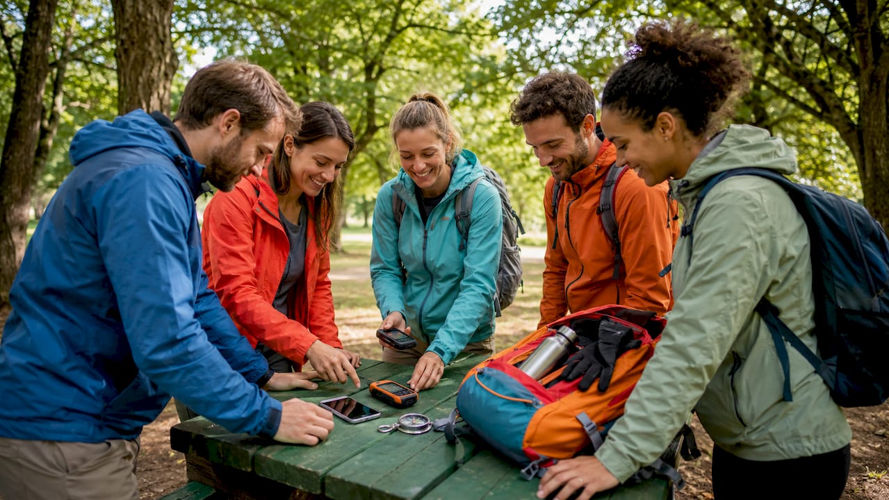 Draußen auf einer Bank sortiert jemand sein Geocaching-Equipment und bereitet alles für das nächste Abenteuer vor.