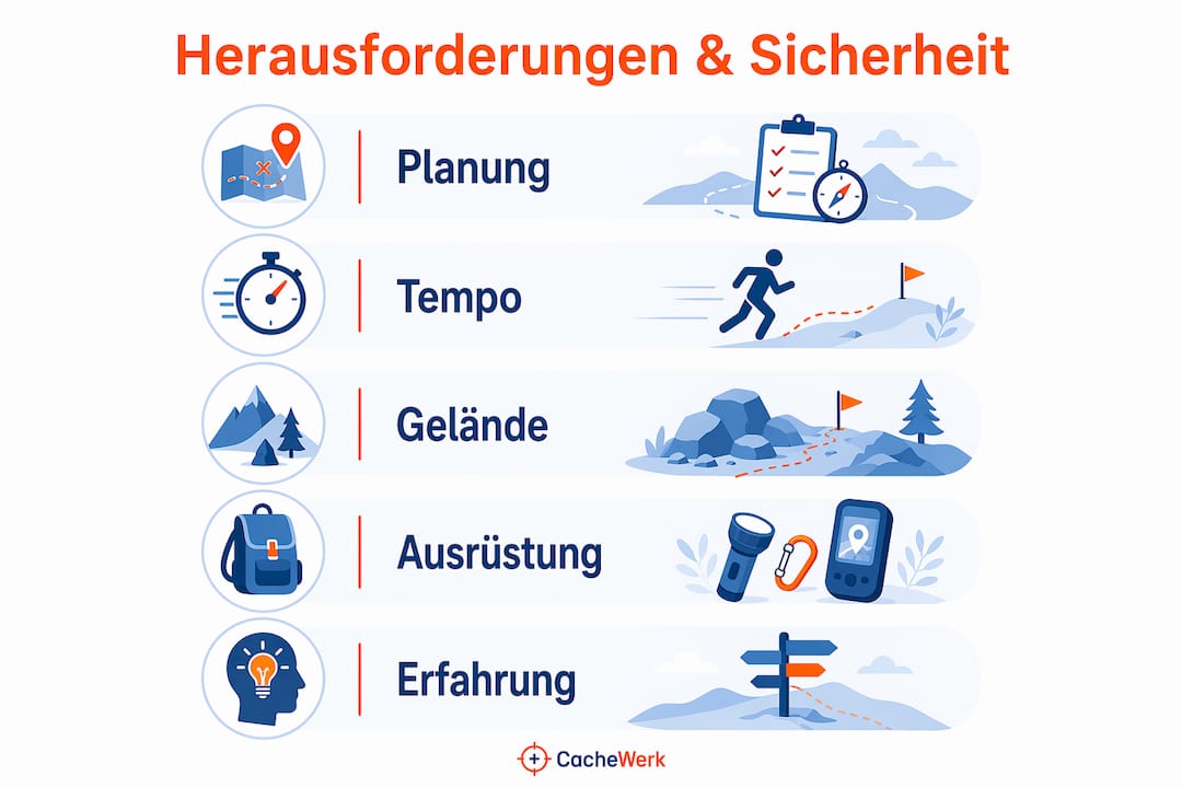 Infografik: Risiken und Sicherheitstipps beim Geocaching in der Natur