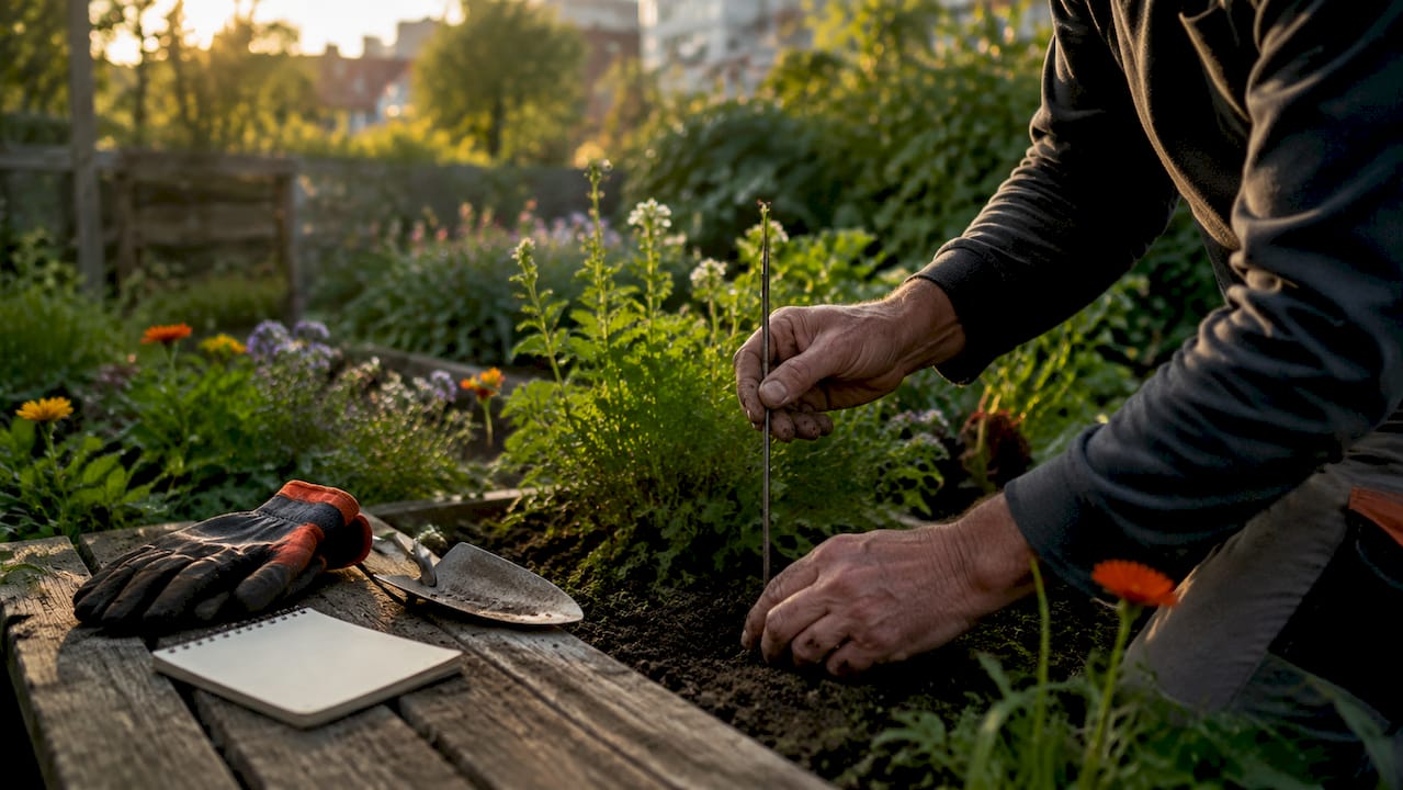 Hände verstecken einen Nano-Cache an einem Gartenstab