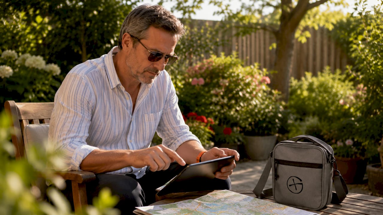 Ein Mann stellt auf seinem Tablet eine Geocaching-Tour zusammen.